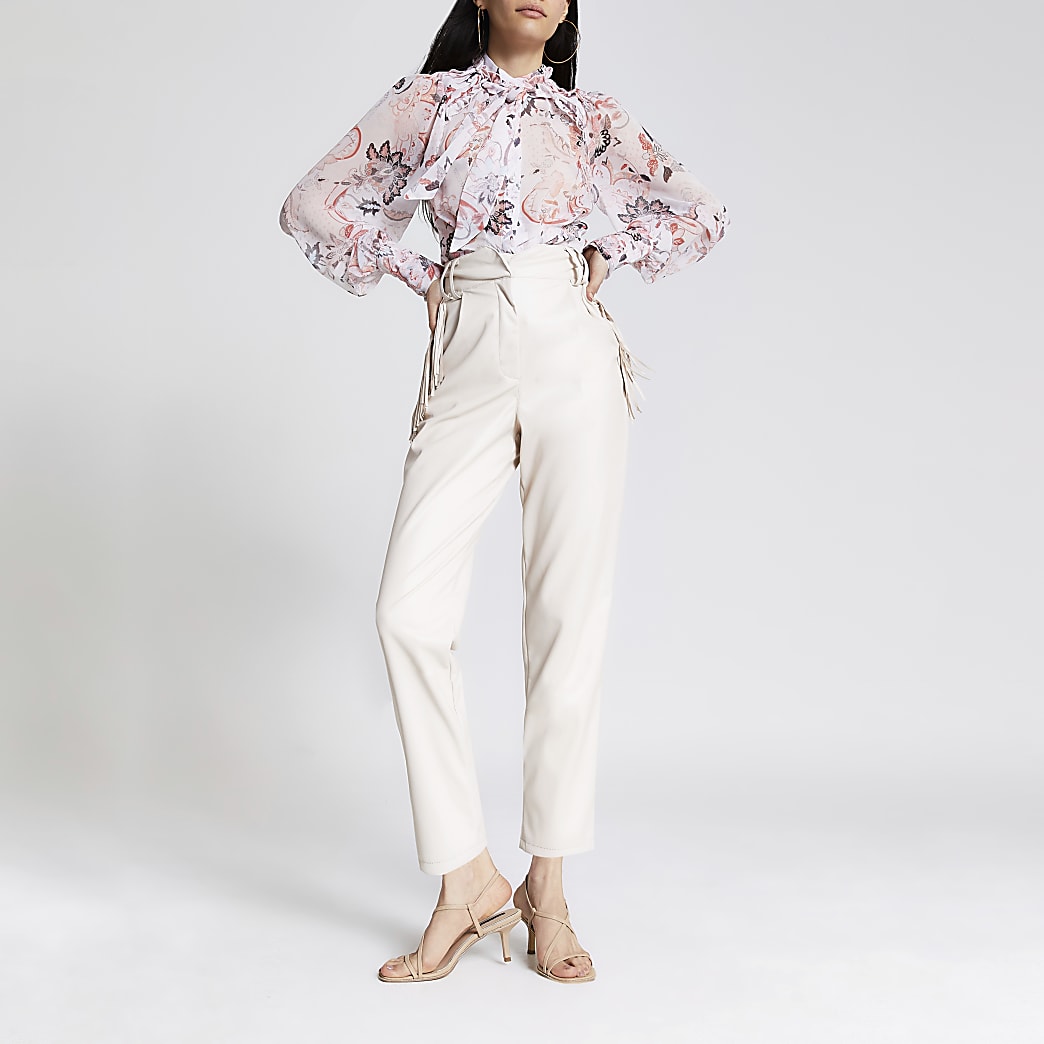 White faux leather tassel fitted trousers | River Island