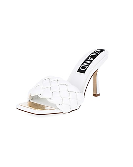 360 degree animation of product White faux leather woven high heel sandal frame-0