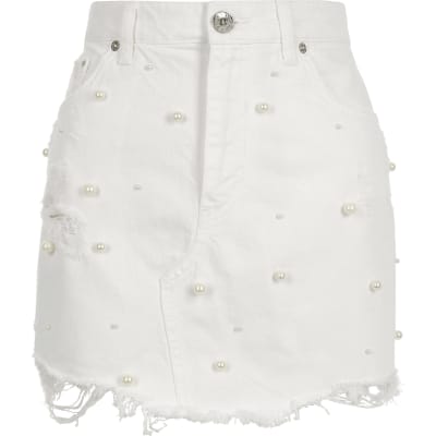 White faux pearl embellished denim mini skirt