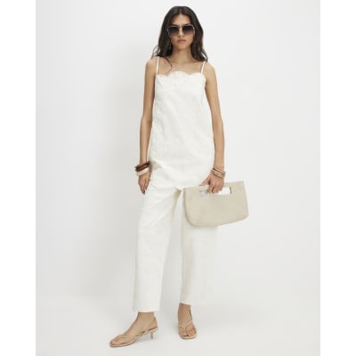 White Floral Embroidered Barrel Leg Jeans