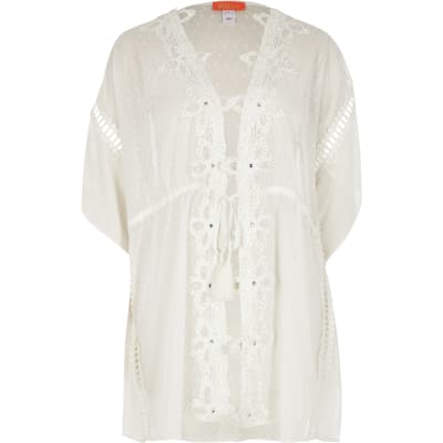 White floral embroidered beach kaftan