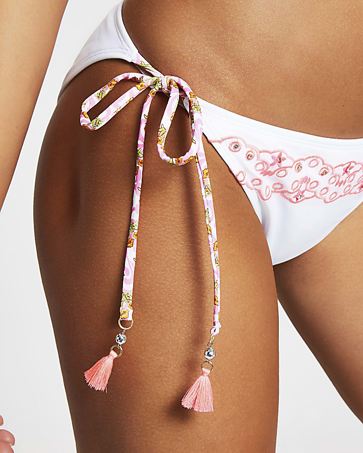 White floral embroidered bikini bottoms