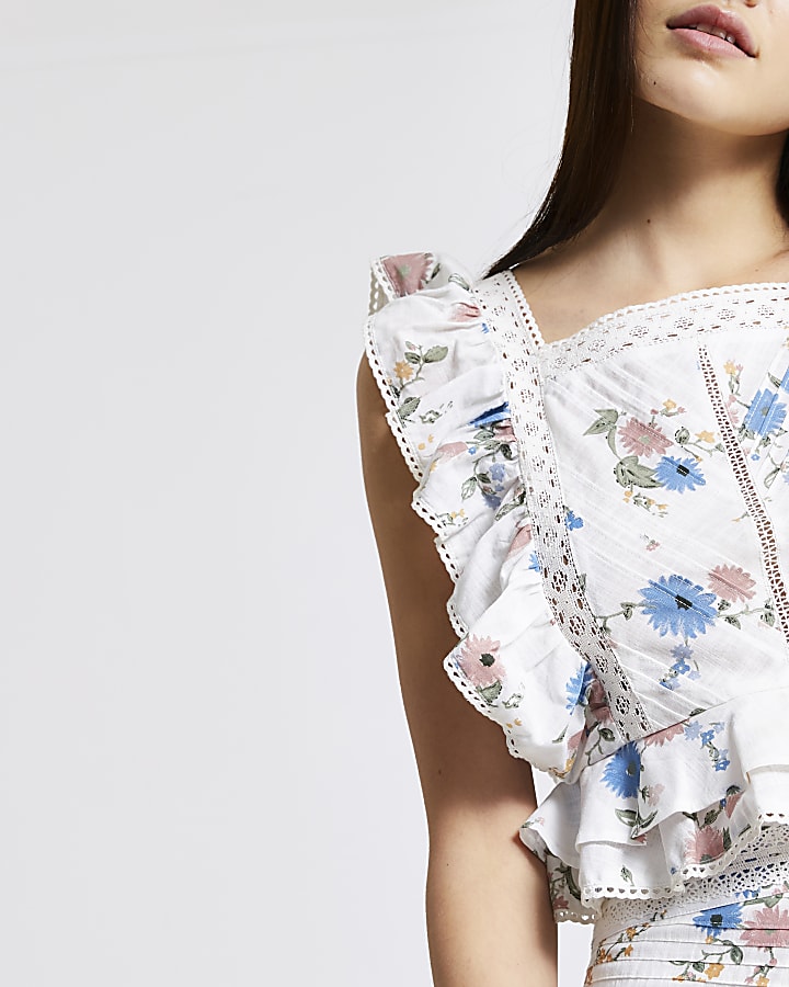 White floral frill cropped top