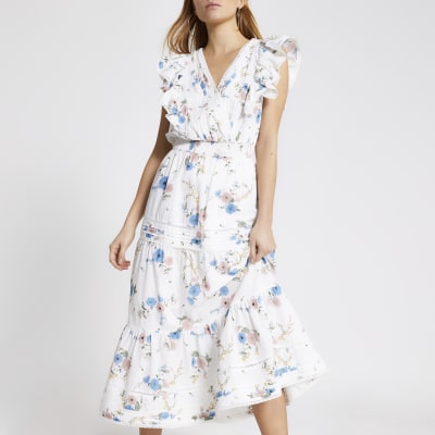 white floral dress midi