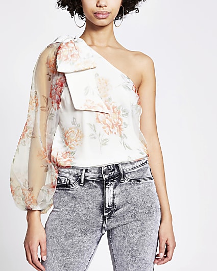 White floral one sleeve organza top