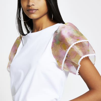 White floral organza frill sleeve T-shirt