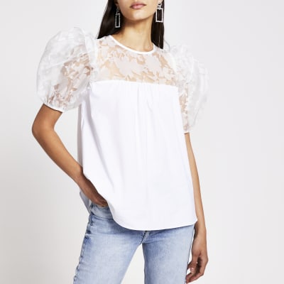 White floral organza puff sleeve poplin top River Island