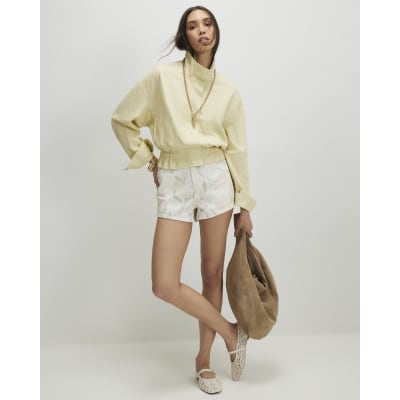 White Floral Print Elasticated A Line Shorts
