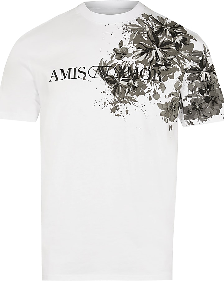 White floral print slim fit graphic t-shirt