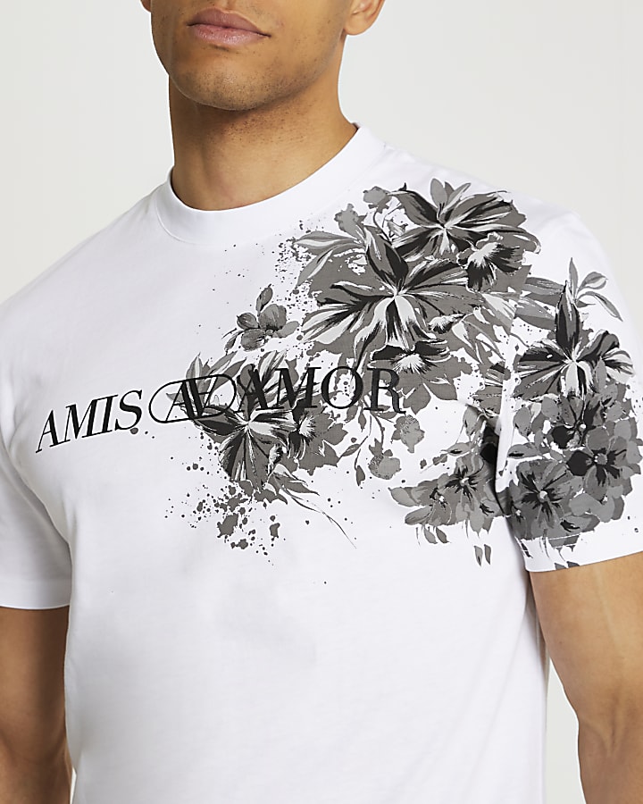 White floral print slim fit graphic t-shirt