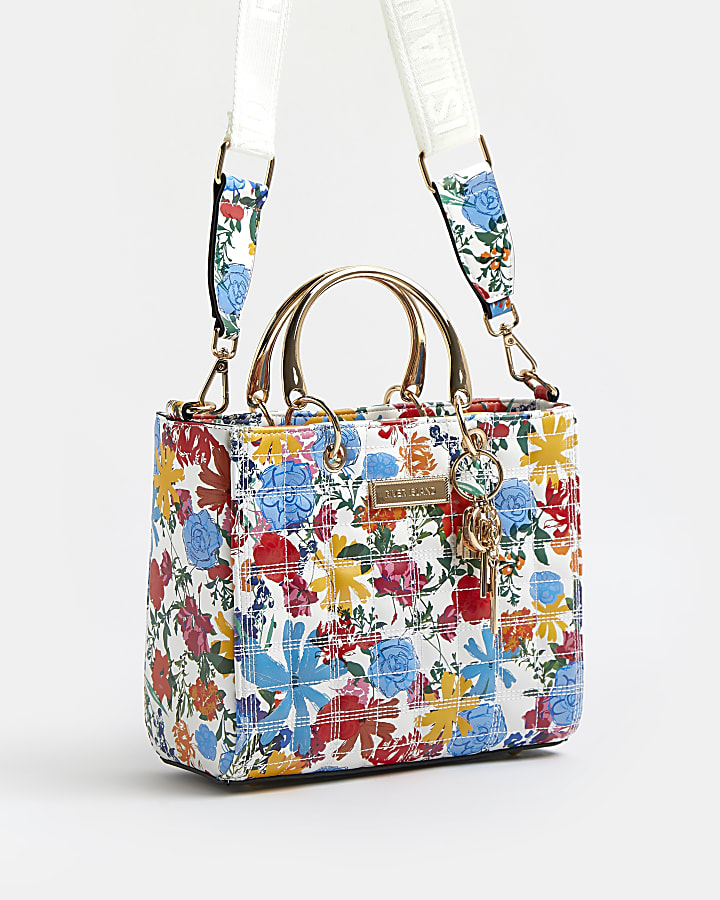 White floral quilted tote bag