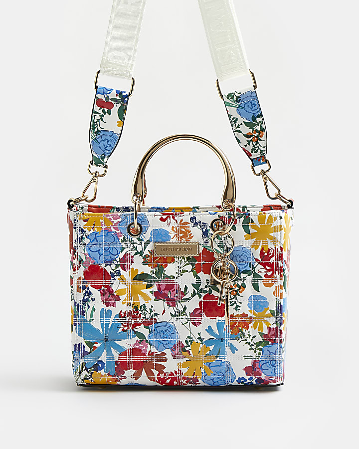 White floral quilted tote bag