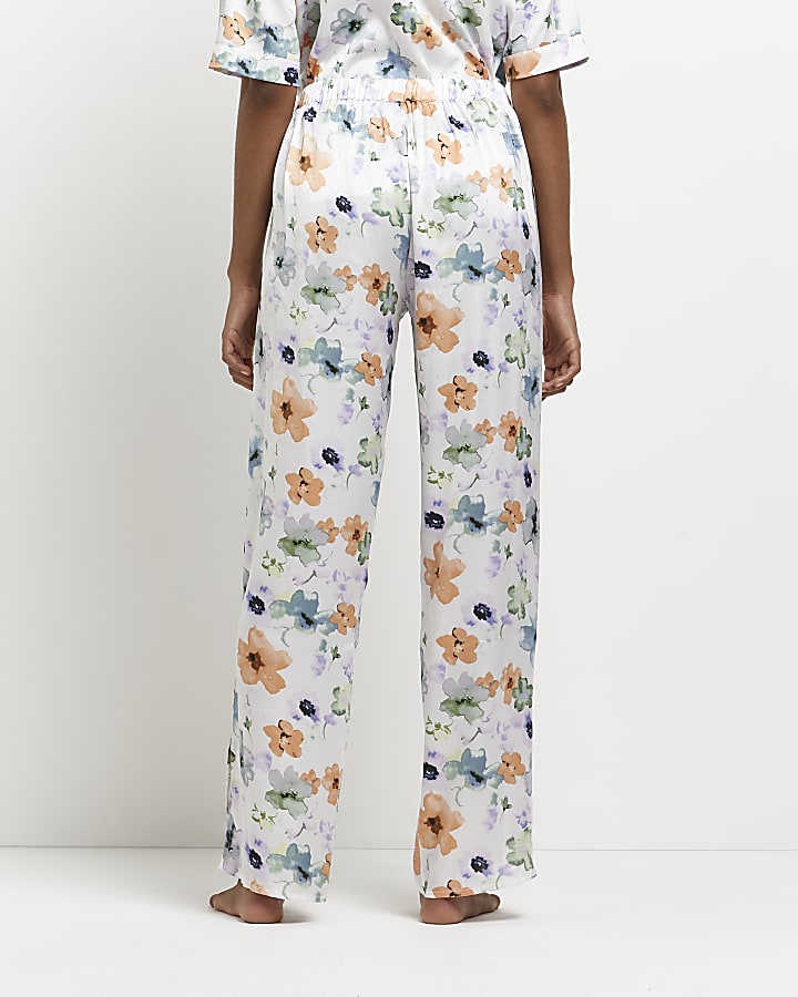 White floral satin pyjama trousers