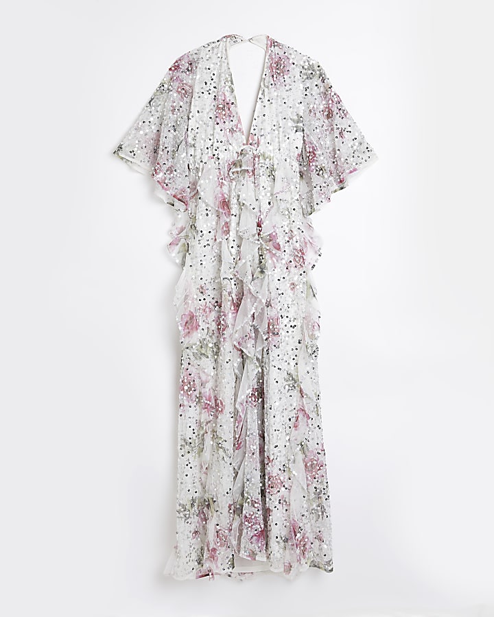 White floral sequin smock maxi dress