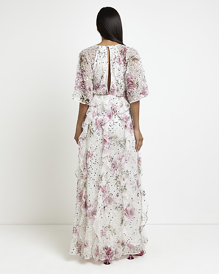 White floral sequin smock maxi dress