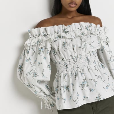 floral shirred bardot top