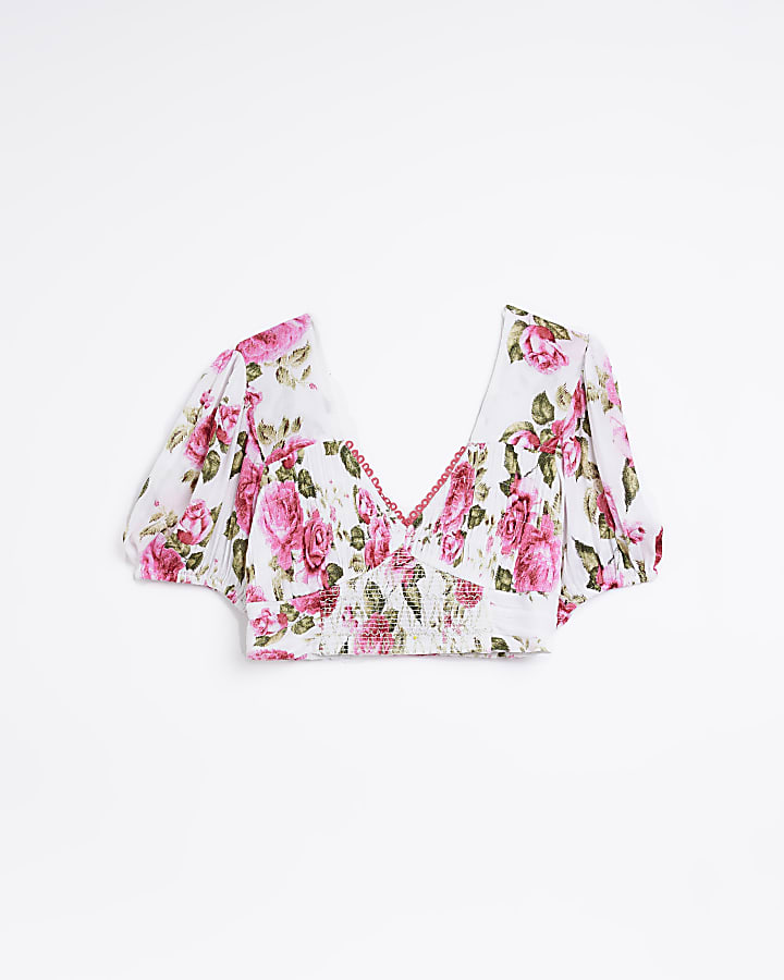 White Floral Shirred Puff Sleeve Crop Top