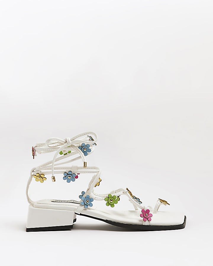 White floral strappy heeled sandals