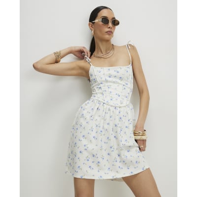 White Floral Tie Shoulder Corset Mini Dress | River Island