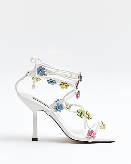 White flower detail strappy heeled sandals