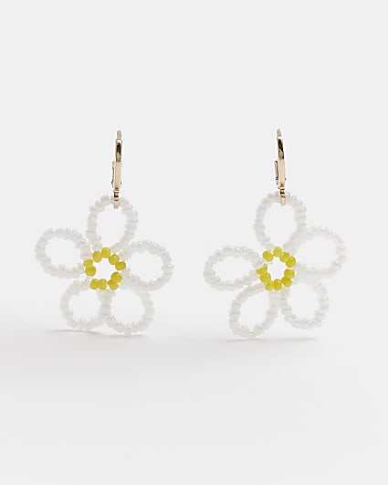 White flower hoop drop earrings