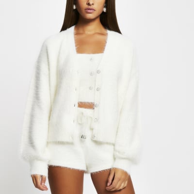 White fluffy button detail cardigan | River Island