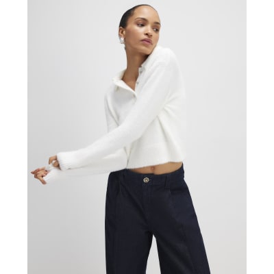 White Fluffy Knit Polo Top