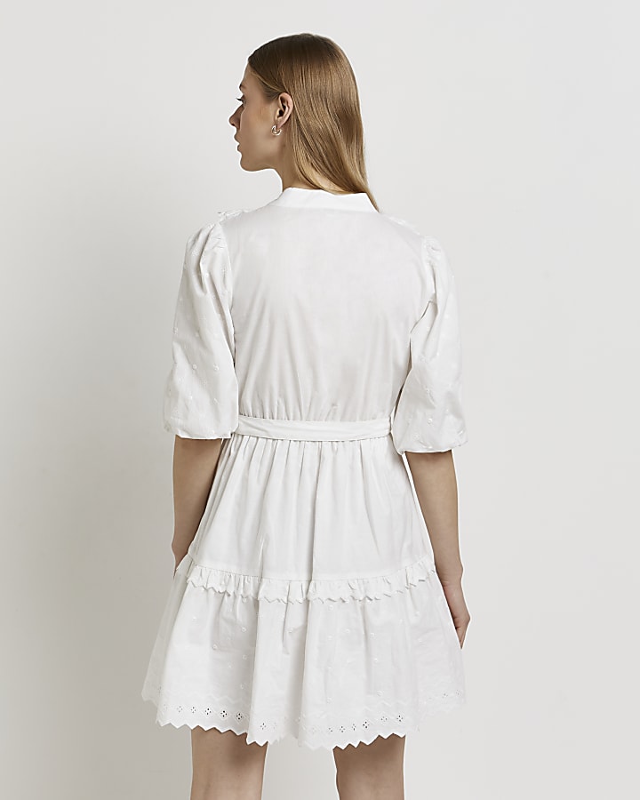 White frill detail mini shirt dress