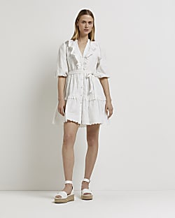 White frill detail mini shirt dress