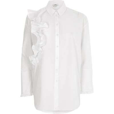 White frill front long sleeve shirt
