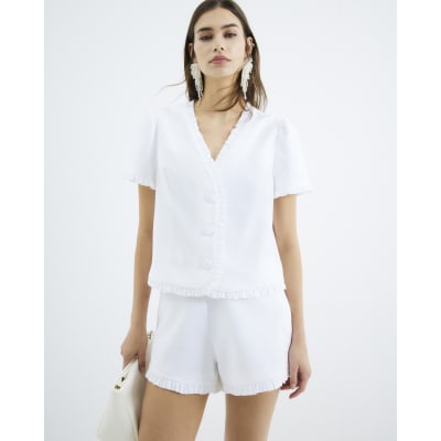 White Frill Linen Blend Tailored Top