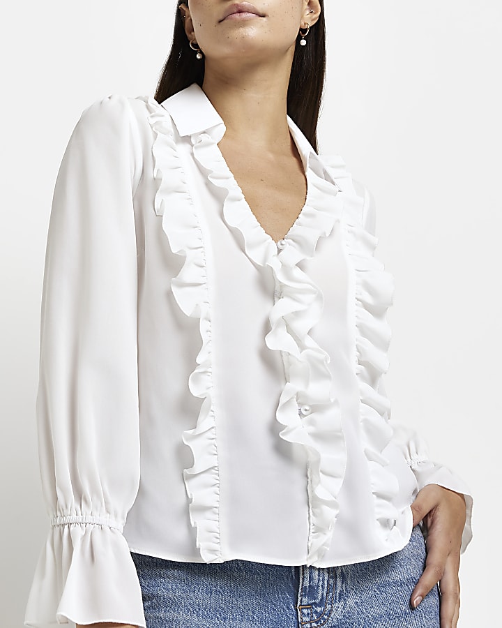 White frill long sleeve blouse | River Island