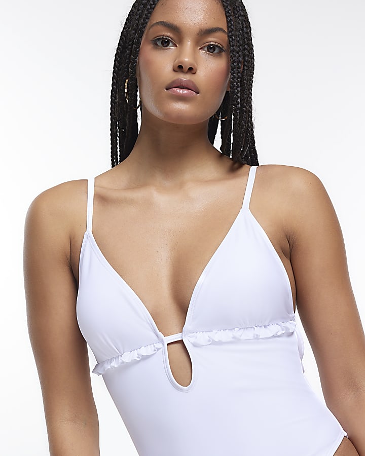 White frill plunge swimsuit
