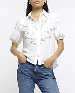 White frill puff sleeve blouse