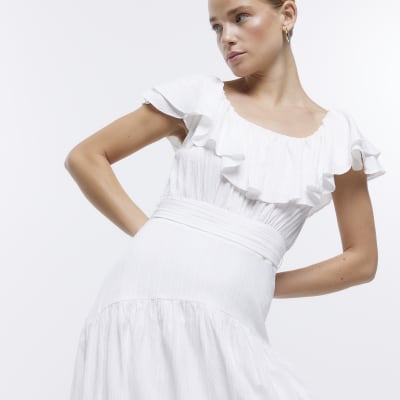 White frill sleeve smock midi dress