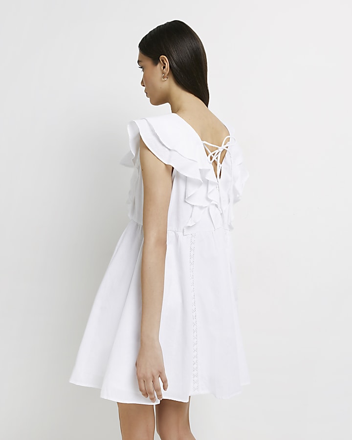 White frill smock mini dress