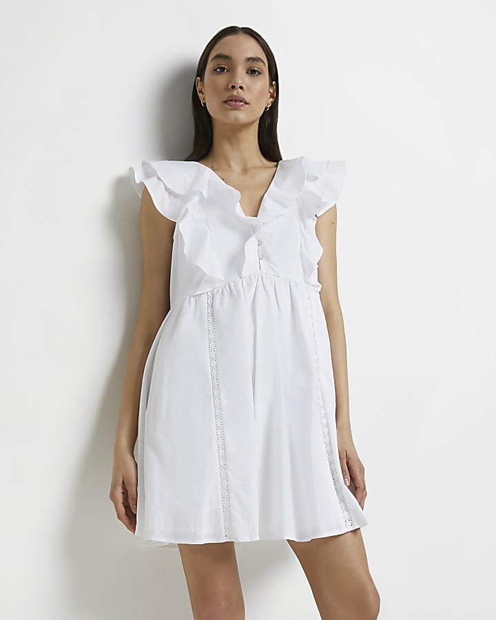 White frill smock mini dress