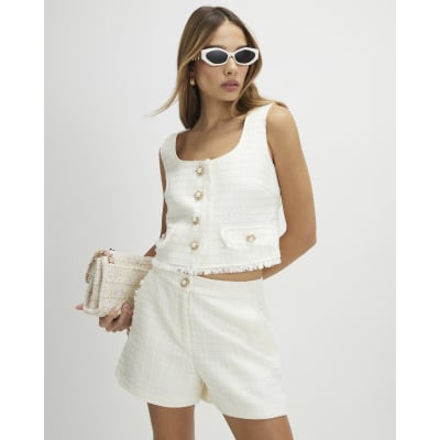 White Fringe Hem Boucle Waistcoat