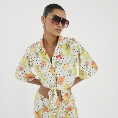 White Fruit Polka Dot Print Beach Shirt