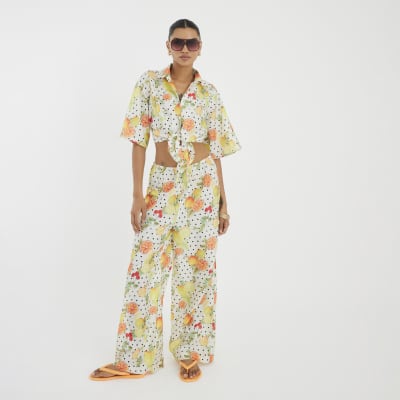 White Fruit Print Beach Trousers
