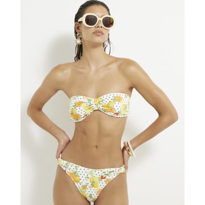 White Fruit Print Textured Bandeau Bikini Top