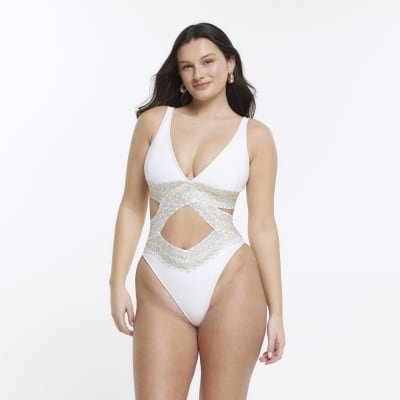 White fuller bust cut out plunge swimsuit River Island