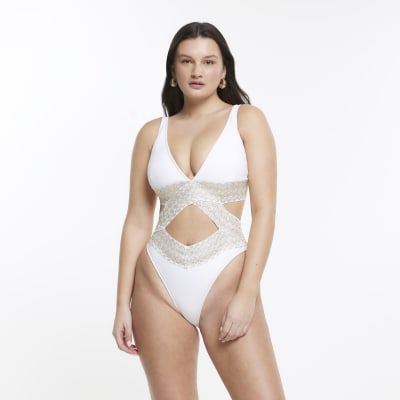 White fuller bust cut out plunge swimsuit