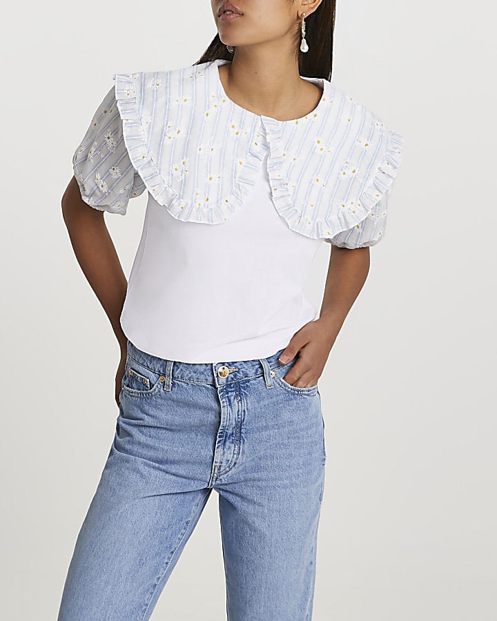 White gingham oversized collar blouse