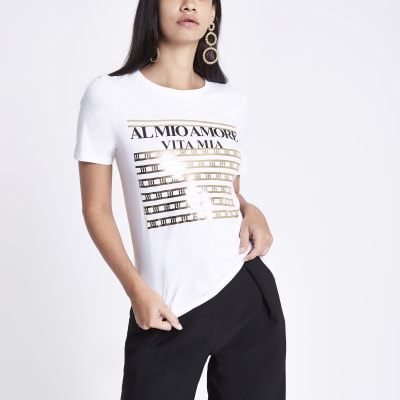 White gold foil front print T-shirt