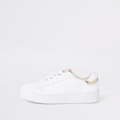 White gold tone lace-up trainers