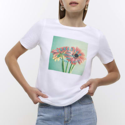 White graphic floral print t-shirt | River Island