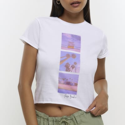 White graphic print crop tshirt River Island