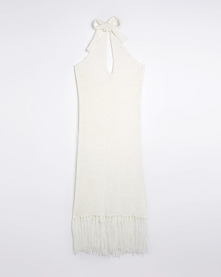 White halter neck knit midi dress