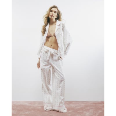 White Heart Embellished Shirt Pyjama Set